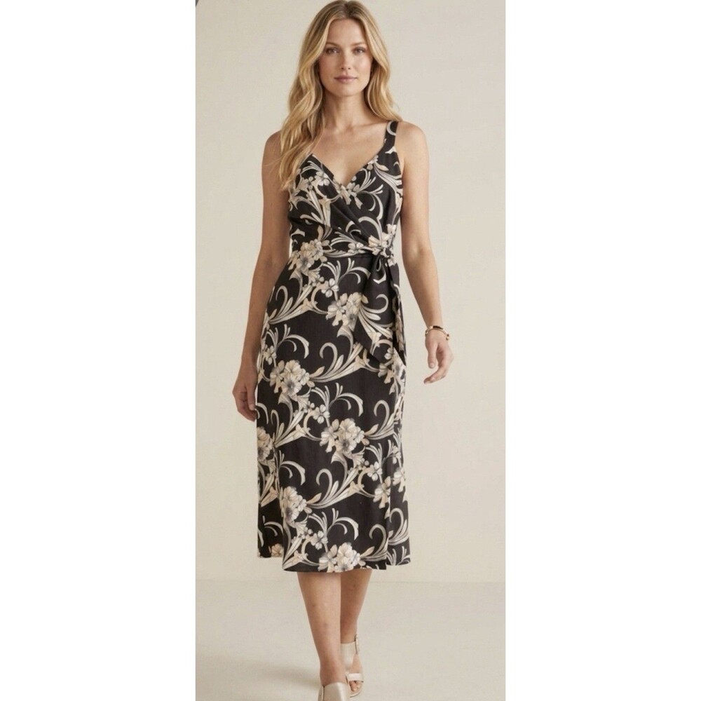 Soft Surroundings Women's Isla Stretch Large Dress Linen Floral Black Tropical S